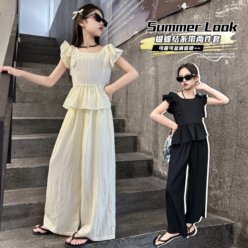 女童短袖套装夏装新款中大童洋气韩版无袖娃娃衫阔腿山本裤两件套