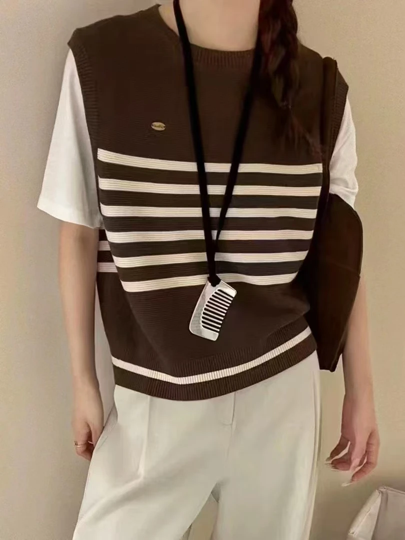 撞色短袖针织衫圆领短袖衫T恤女秋季新款时尚显瘦学院风条纹上衣