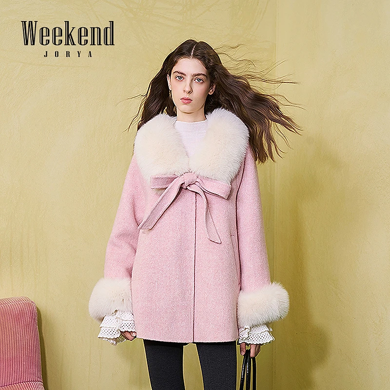 卓雅周末25冬新款甜美V字毛领蝴蝶结宽松A字中长毛呢大衣XRW6D12A