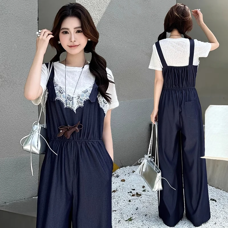 高腰垂感背带裤套装女2025夏季新款时尚蕾丝拼接连体阔腿裤两件套