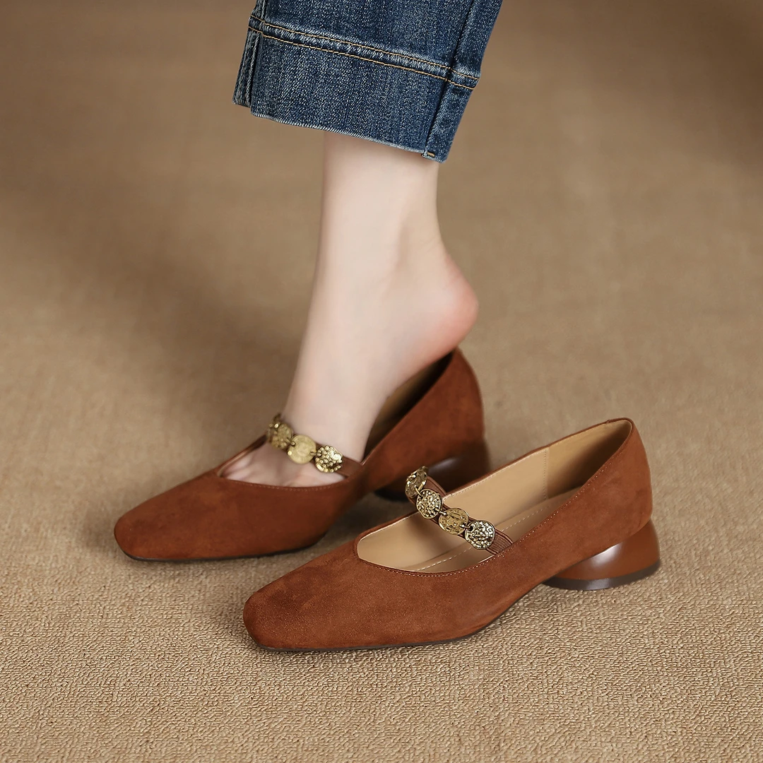 复古小方头气质玛丽珍女鞋美拉德风时尚金币链条带舒适粗低跟单鞋
