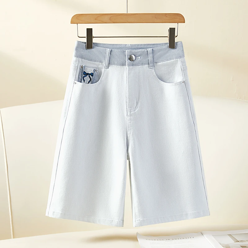 拉夏贝尔莫兰迪灰牛仔短裤女2025夏季新款高腰显瘦休闲阔腿五分裤