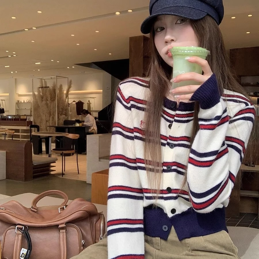 撞色条纹针织开衫女2025早秋季新款慵懒风小个子短款毛衣外套上衣