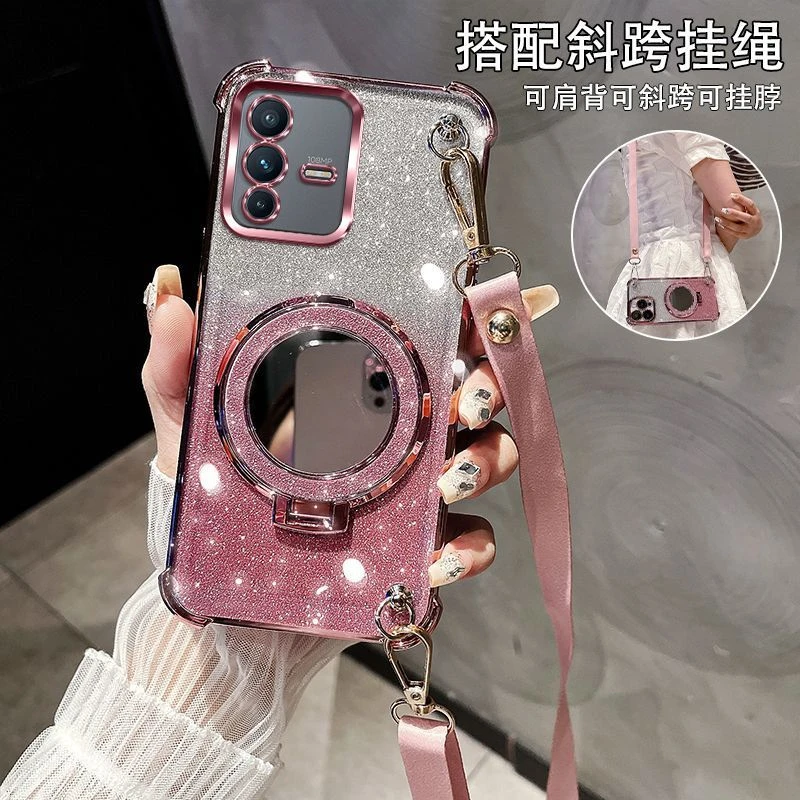 vivoS12手机壳V2162A轻奢女款斜跨挂绳四角防摔化妆镜支架硅胶壳