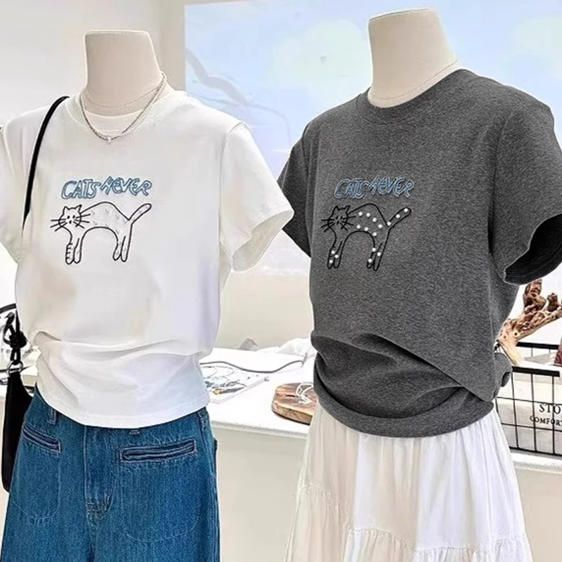 重工钉珠猫咪字母刺绣T恤女2025春夏新款百搭短袖小个子宽松上衣