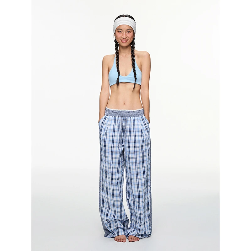 TDDP 慵懒feu 臻选荃棉格子长裤女夏季设计感拼接宽松休闲裤子