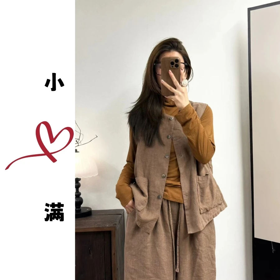小满【亚麻双层马甲】秋季新款时尚百搭洋气纯亚麻马甲