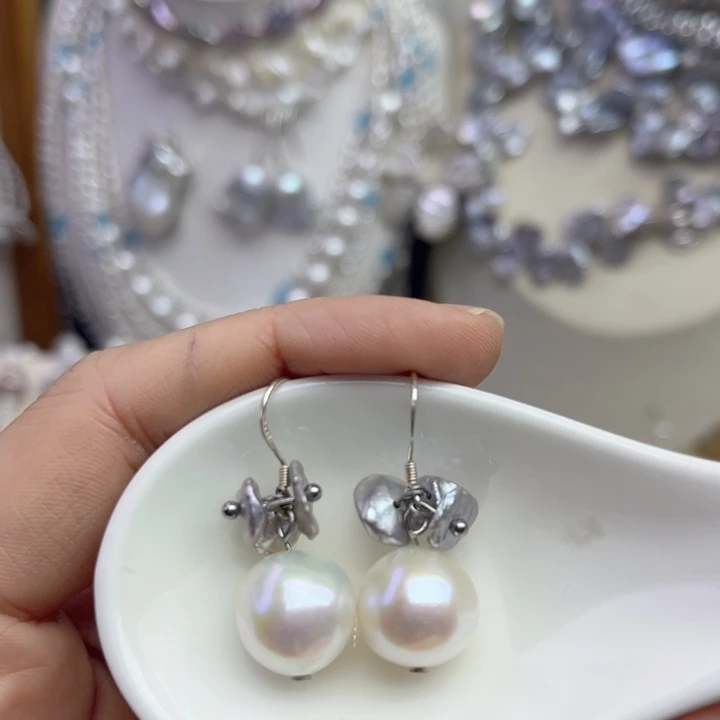 飞***8银S925镶嵌淡水珍珠耳饰