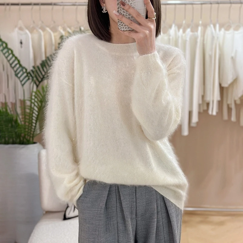 100%纯山羊绒拉绒羊绒衫圆领落肩袖针织秋冬衫领百搭长袖女打底衫