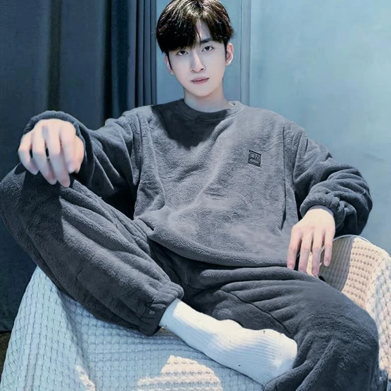 新款秋冬季睡衣男士加厚加绒珊瑚绒冬天法兰绒男生保暖家居服套装