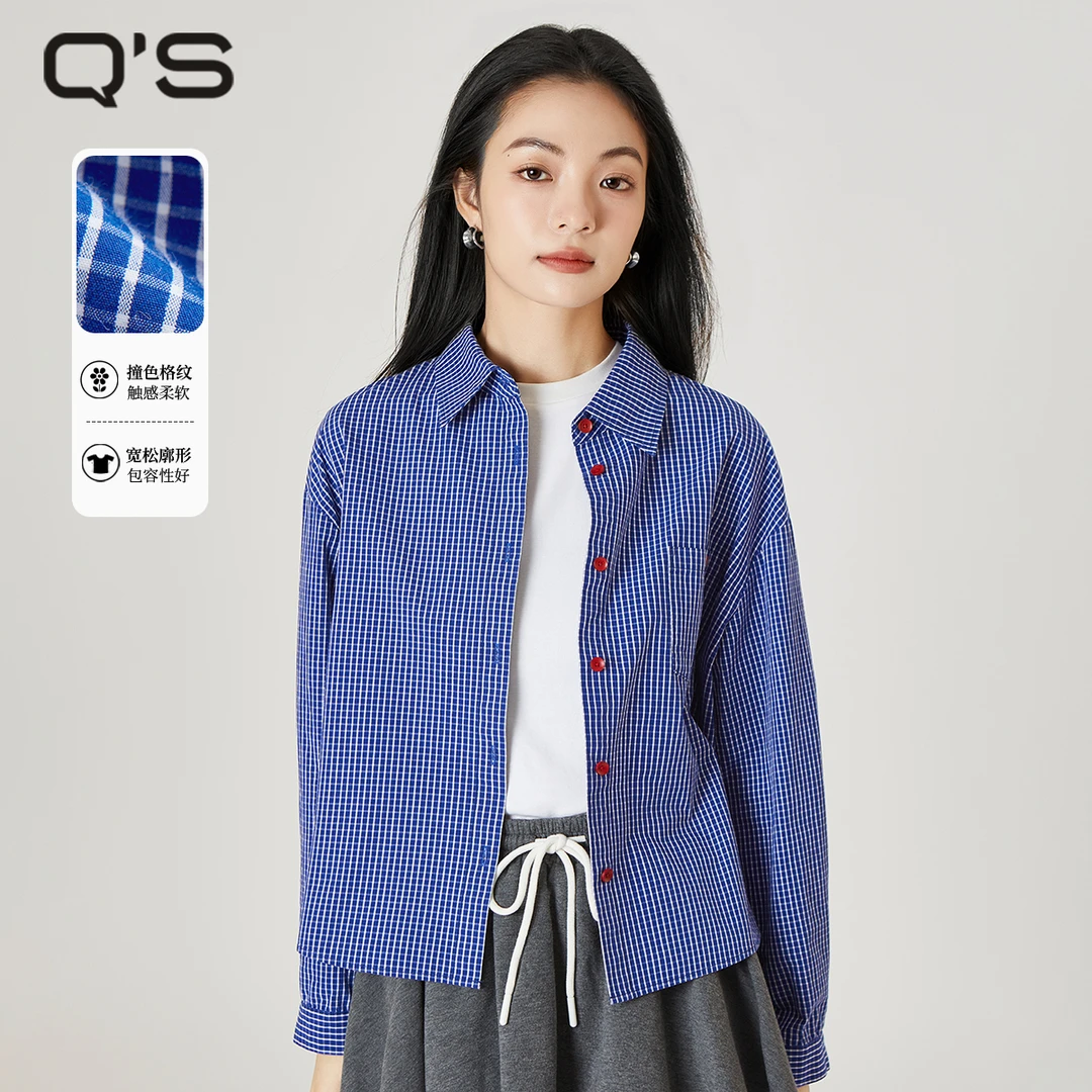秸熙秋季简约设计感格纹衬衫气质休闲宽松纯棉短款长袖外套5XA598