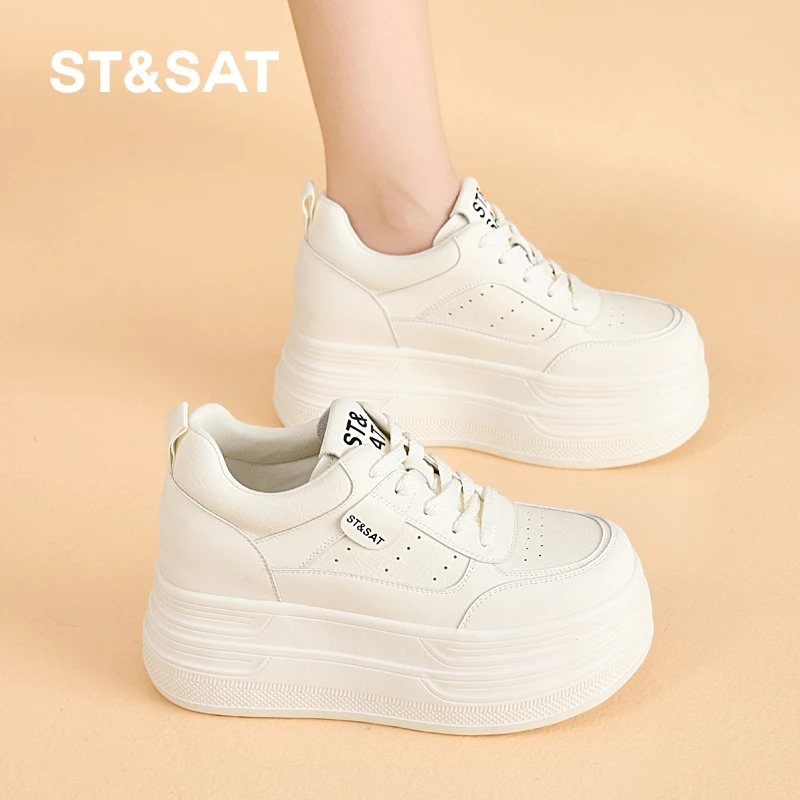 星期六9CM内增高小白鞋女2025秋季新款厚底小个子休闲真皮松糕鞋