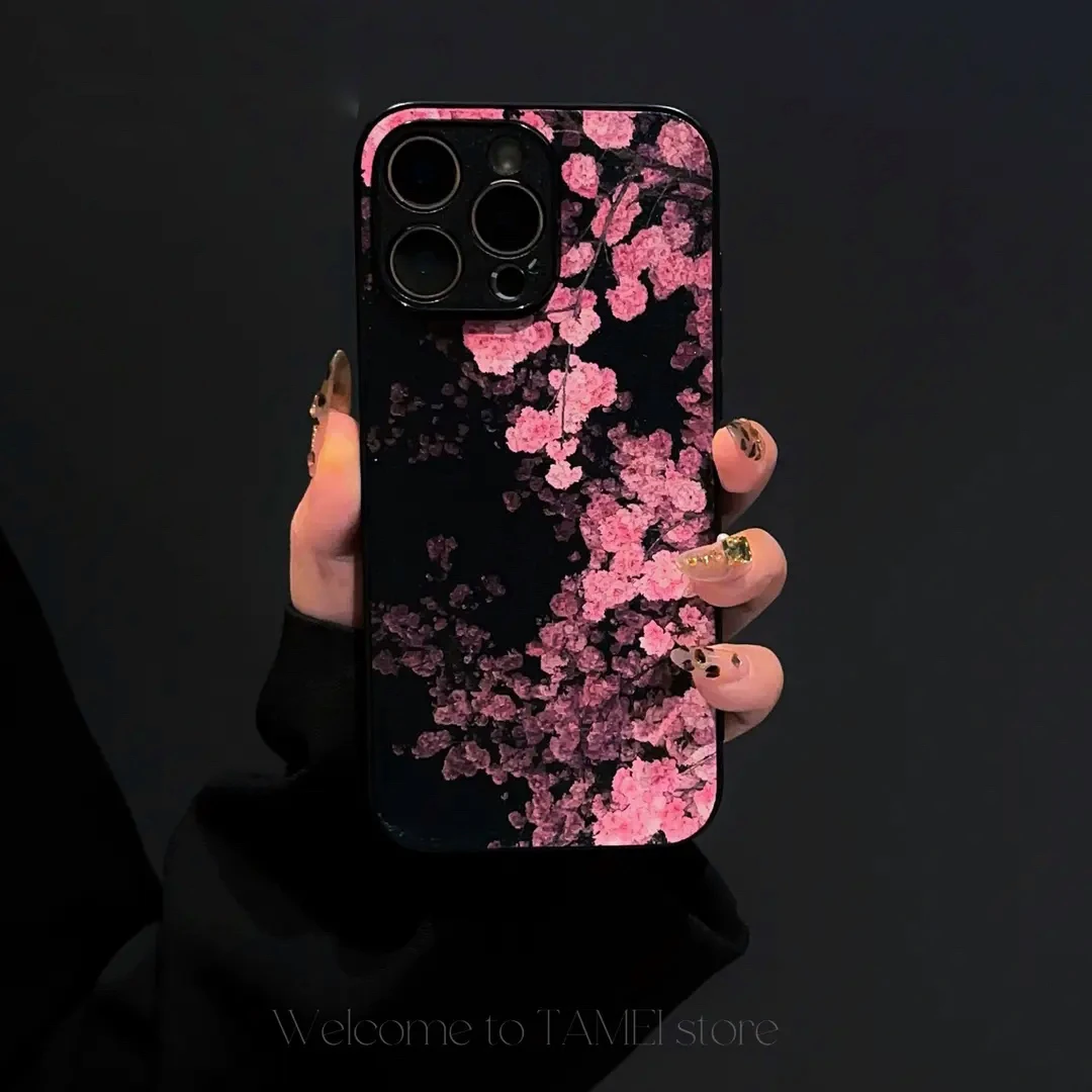 适用苹果vivo华为oppoiPhone13粉色桃花高级电镀玻璃手机保护壳