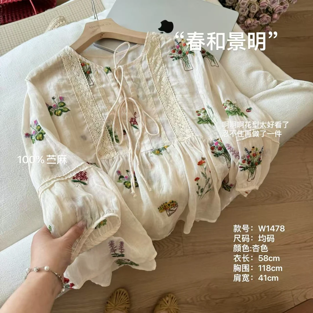 小文姐 W1478-‘春和景明’系带衬衫高级收腰设计时尚显瘦上衣女