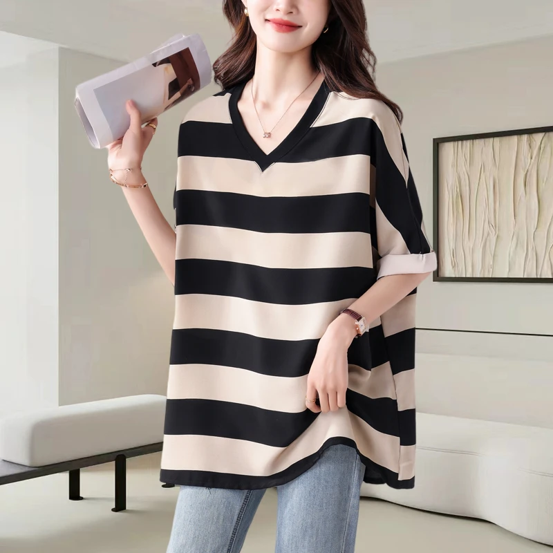 宽松型短袖上衣夏季显瘦条纹印花休闲洋气大码撞色条纹中长款T恤