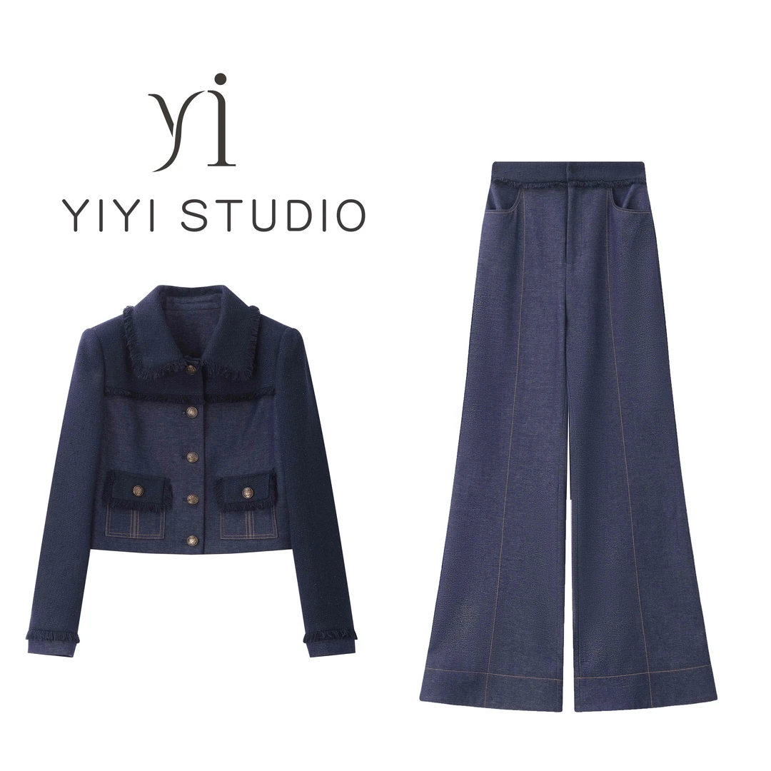 【蓝调香颂】<宠粉内购会>时尚休闲洋气拼接牛仔翻领短外套高腰长裤