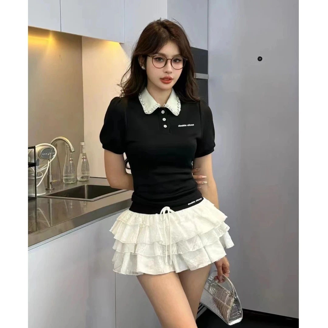 2025春夏款镶钻polo领短袖T恤蛋糕蓬蓬裙两件套网红洋气炸街女装