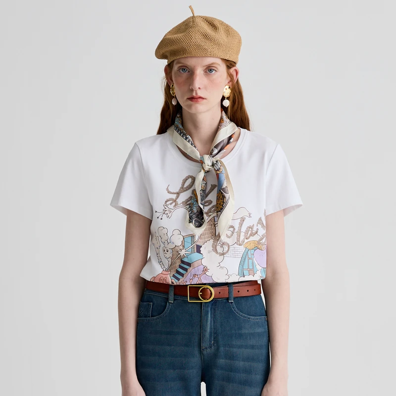 谜底T恤短袖女2025夏新品休闲日常印花合身X型中长上衣252MT0624