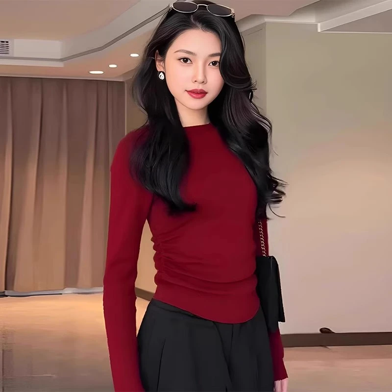 安哥拉红针织衫女春秋2025新款韩系显瘦褶皱内搭修身打底衫上衣潮