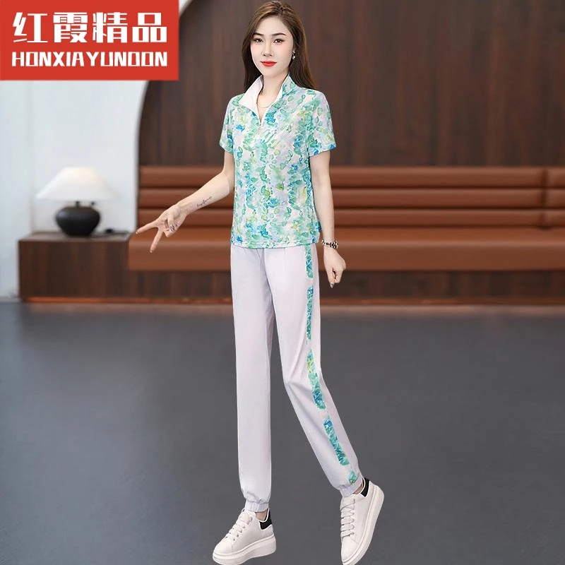 运动套装女夏2025新款时尚洋气冰丝短袖减龄大码薄款透气两件整套