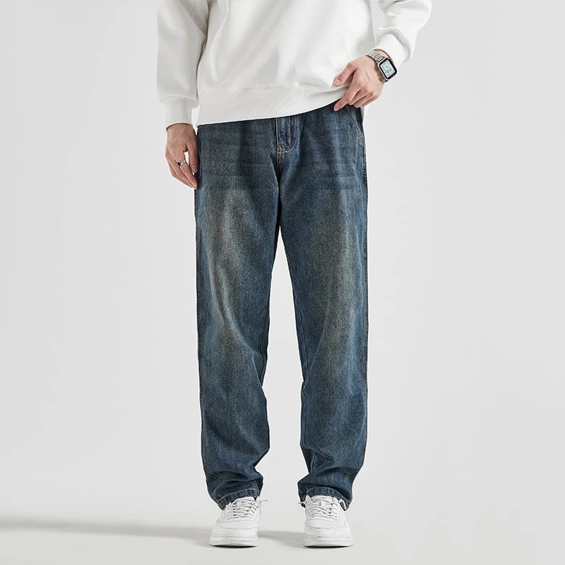 仓石一树潮牌美式复古牛仔裤男秋冬季加绒宽松直筒小脚休闲长裤子