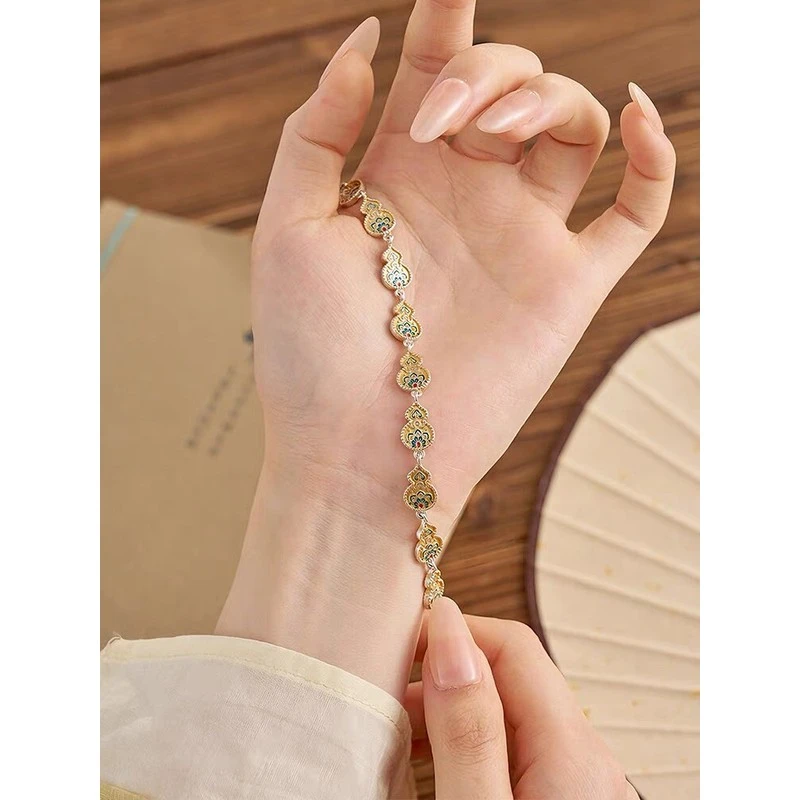 银9999描金珐琅彩宝相花葫芦福禄手链新中式国潮风手饰轻奢时尚