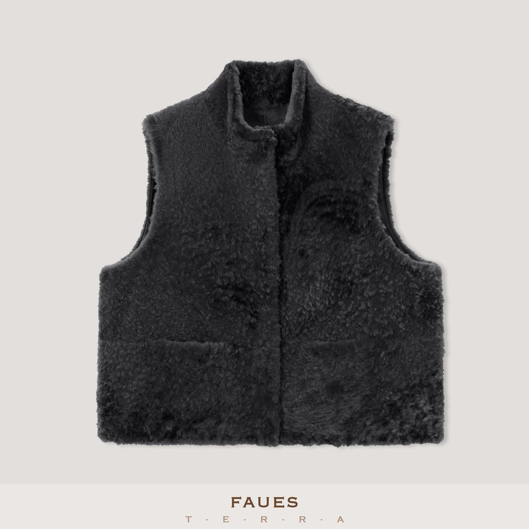 FAUES 西班牙拉贡LACON 细腻毛绒羊皮毛一体立领宽松马甲皮草背心