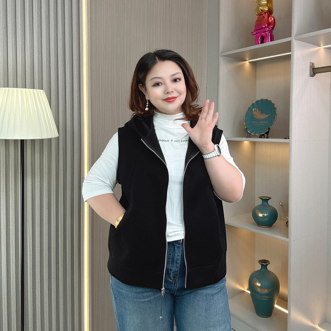 大码女装百搭连帽秋装马甲卫衣外套胖mm拉链口袋户外休闲运动上衣