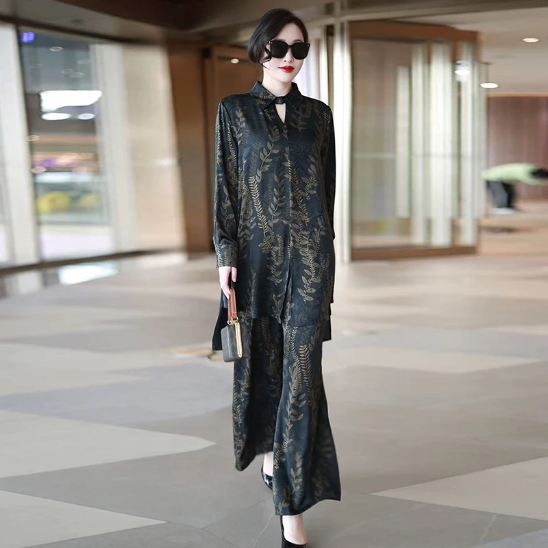 H夏季经典真丝气质国风高端时尚2025中式麦穗提花衬衫裤子两件套