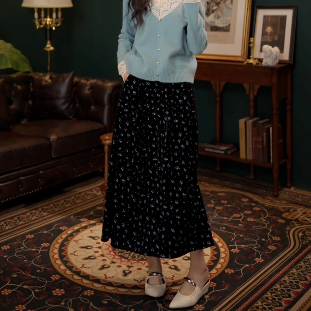 琦琦【花园派对】港风复古丝绒碎花百搭中长款半身裙YN1203053