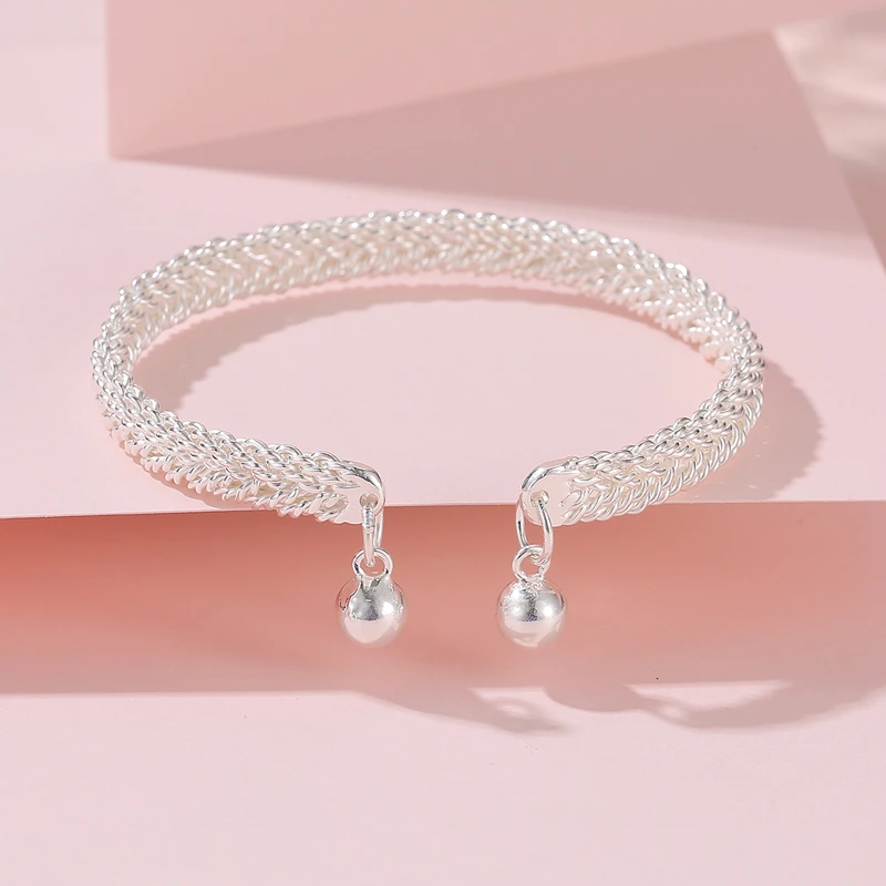 足银手镯 花丝镶嵌银珠手镯足银古法编织素银麻花