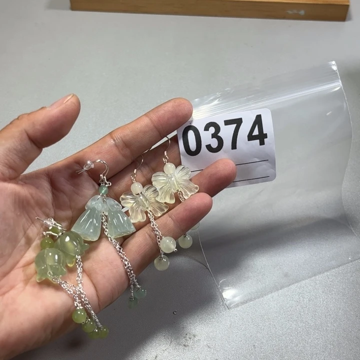 土***骨蛇纹石玉合金耳饰