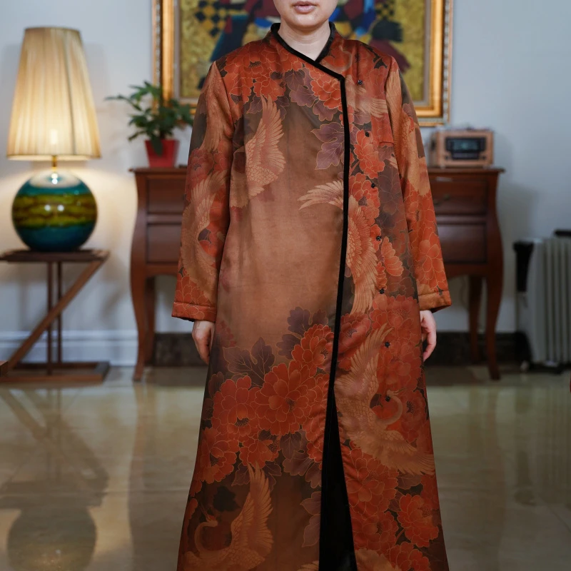 清731复古中式国风新中式香云纱气质民族风长款棉服-W3T5177