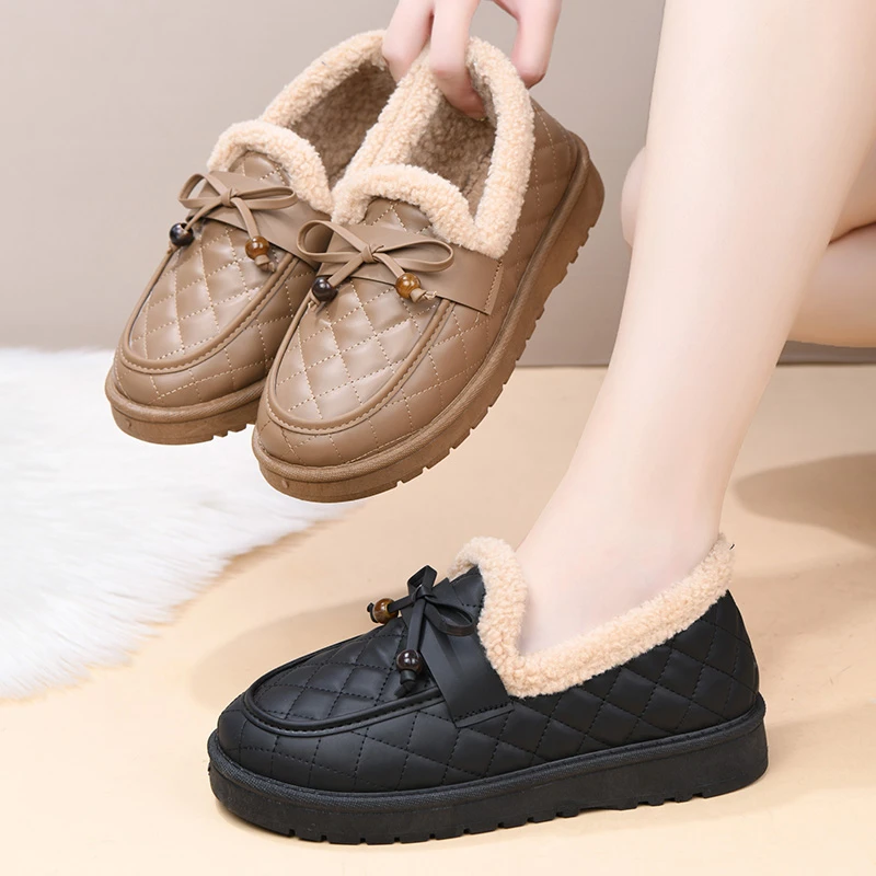 冬季新款老北京棉鞋女加绒加厚妈妈鞋软底防滑防水纯色乐福女棉靴