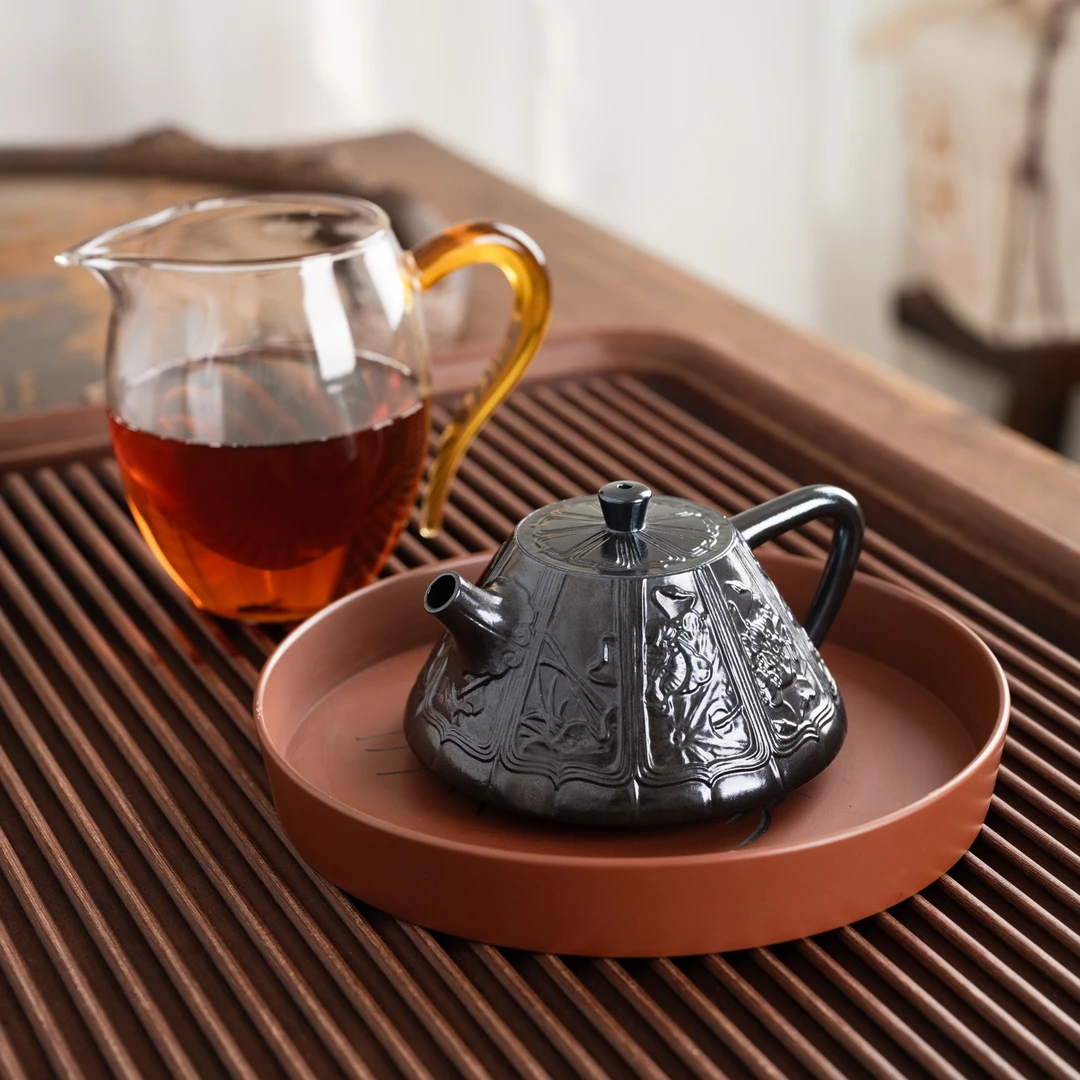 『柴烧石瓢残荷图』坭兴陶茶壶内盖精工满刻浮雕高颜值170毫升11526