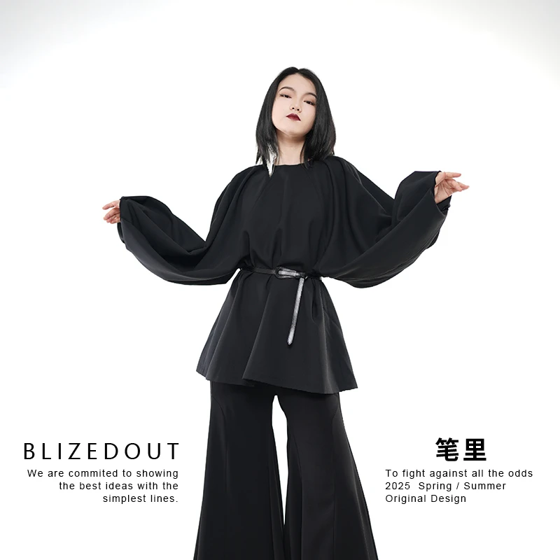 笔里【BLIZEDOUT】原创设计5080205黑色秋款灯笼袖圆领套头衫卫衣