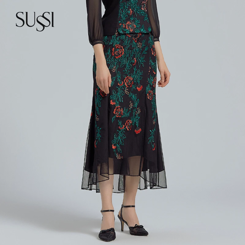 SUSSI/古色早秋夜宴红绿绣花气质复古鱼尾半裙女装