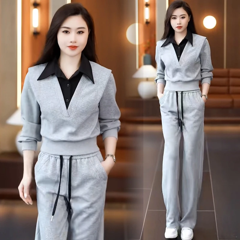 时尚休闲套装女2025年春季新款时尚百搭气质撞色卫衣阔腿裤两件套