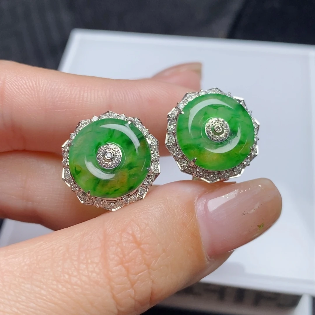 翡翠18K金镶嵌耳饰黄加绿甜甜圈耳拍