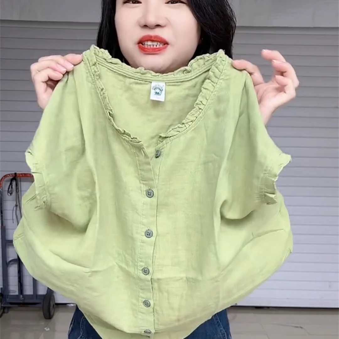 2025夏季新款时尚休闲百搭显瘦衬衫女圆领单排扣飞飞袖减龄上衣潮