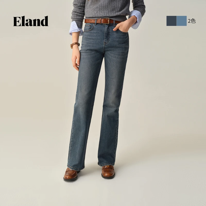 Eland衣恋牛仔裤女复古微喇裤高腰长裤子EETJF49M06