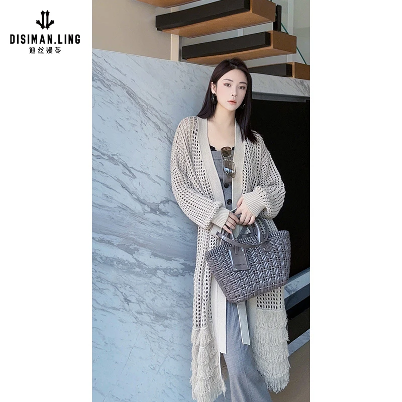 迪丝嫚苓杏色毛衫外套针织气质时尚镂空中长款小众设计感原创设计