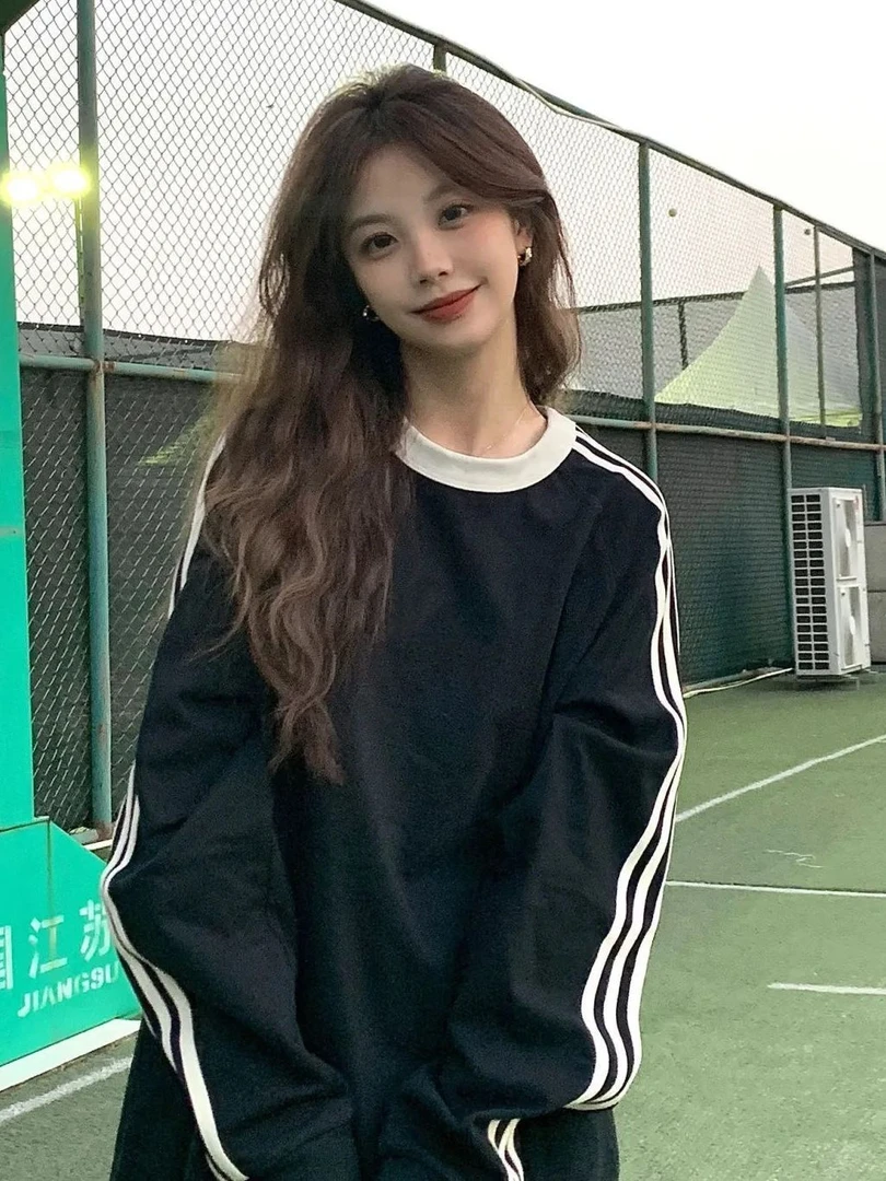 美式潮牌宽松圆领三条杠长袖T恤女春秋冬休闲设计感小众加绒卫衣