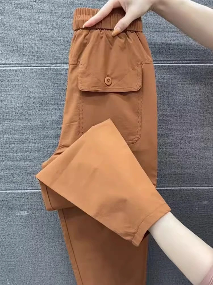 大码女款休闲裤九分裤潮流纯色冰丝短裤哈伦裤高腰宽松工装裤夏季