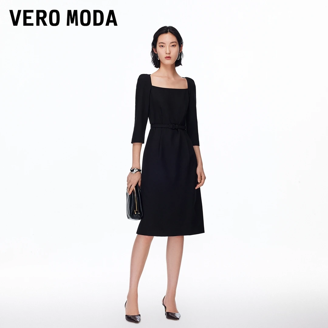 Vero Moda连衣裙2025秋季新腰带七分袖显瘦方领中长裙松弛感百搭