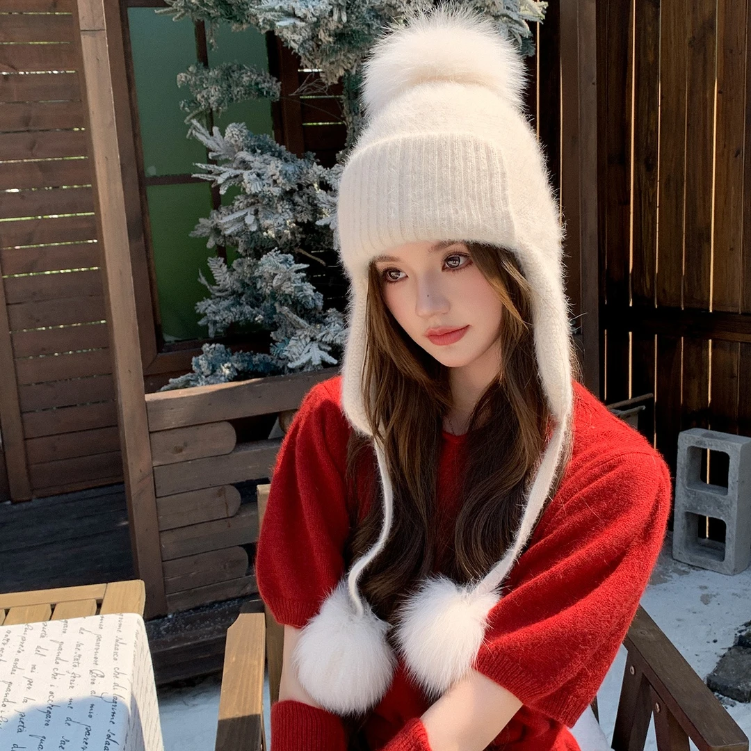 百搭休闲毛线针织雷锋帽狐狸毛球球显脸小真毛球旅行滑雪帽女