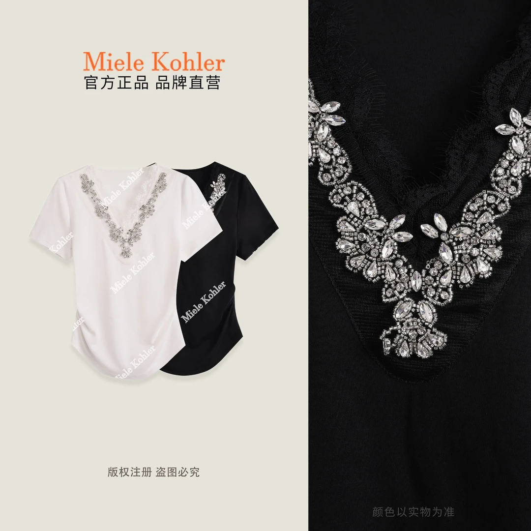 夏季新款重工蕾丝镶钻莱赛尔短袖T恤女MKAX82700【I澳门小源同款】