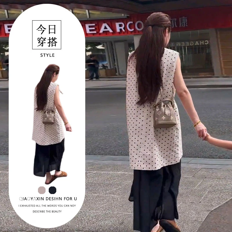 洋气夏季女装通勤风波点时尚套装常规无袖印花复古圆领上衣两件套