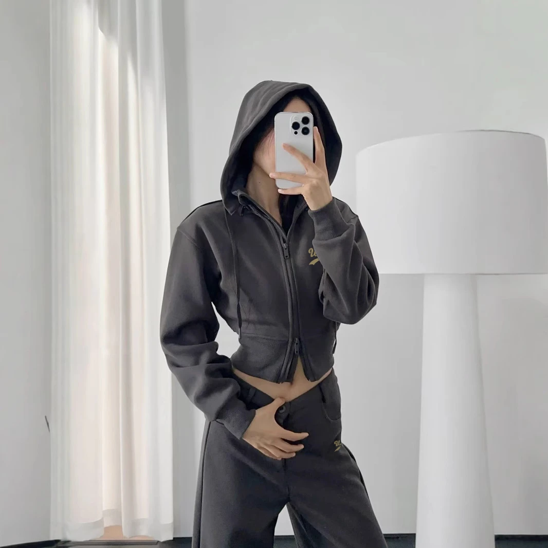 25春季美式运动学院风连帽卫衣复古收腰短款长袖针织套装