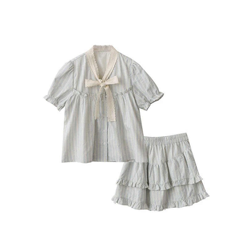 夏季新款甜美蕾丝蝴蝶结竖条纹衬衫+木耳边半身裙短裙两件套装女